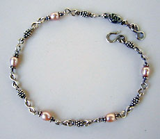 Ankle Bracelet - Pink Freshwater Pearls and handmade sterling silver chains and clasp by Vicky Jousan