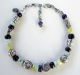 Amethyst, Opal, Phrenite hand cut beads by Africa John - .999 pure silver handmade beads - Necklace by Vicky Jousan