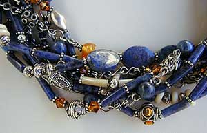 Sodalite, Dumortierite, Bone, Amber, Crystal and Sterling Silver 9-strand Necklace by Vicky Jousan