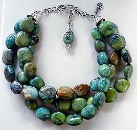 Green Chinese Turquoise chunky 3-strand necklace with sterling silver chain and clasp by Vicky Jousan