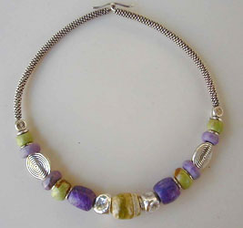 Hand Sculpted Sugilite and Gaspeite beads with Hill Tribe Silver choker bangle necklace