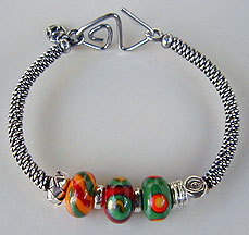 Lampwork Beads by Chris with Hill Tribe Silver bangle bracelet - by Vicky Jousan