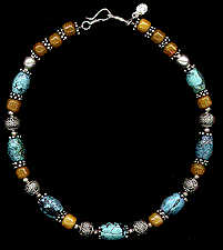 Chinese turquoise, yellow jade, Bali sterling silver necklace, bracelet and earrings by Vicky Jousan