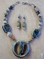 Serpentine, Jade, Soo Chow, Agate, Bali sterling silver necklace and earrings by Vicky Jousan