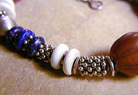 Antique carnelian, Lapis lazuli, Tibetan Naga Shell, Bali sterling silver necklace by Vicky Jousan
