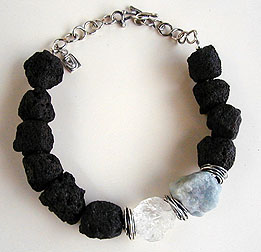 Lava, Quartz Crystal, Aquamarine, and sterling silver necklace by Vicky Jousan