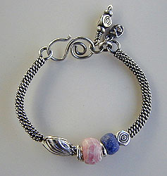 Bangle bracelet of Hill Tribe silver, rhodocrosite and dumortierite - by Vicky Jousan