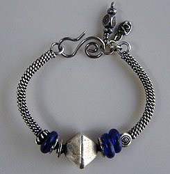 Collector blue African Trade Beads with Hill Tribe silver bangle bracelet - by Vicky Jousan