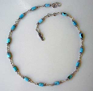 Necklace Chinese turquoise and handmade sterling silver chains and clasp by Vicky Jousan