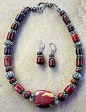Snakeskin jasper, Hicorite, Bali sterling silver necklace, bracelet and earrings by Vicky Jousan