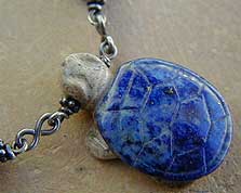 lapis lazuli and sterling silver carved turtle necklace with matching earrings by Vicky Jousan
