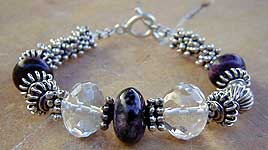 Charoite and Faceted Quartz Crystal with Bali sterling silver necklace, bracelet and earrings by Vicky Jousan