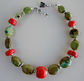 Chinese turquoise, coral, and sterling silver necklace by Vicky Jousan